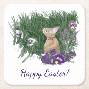Cute Bunny Easter Wishes Holiday Greetings Square Paper Coaster