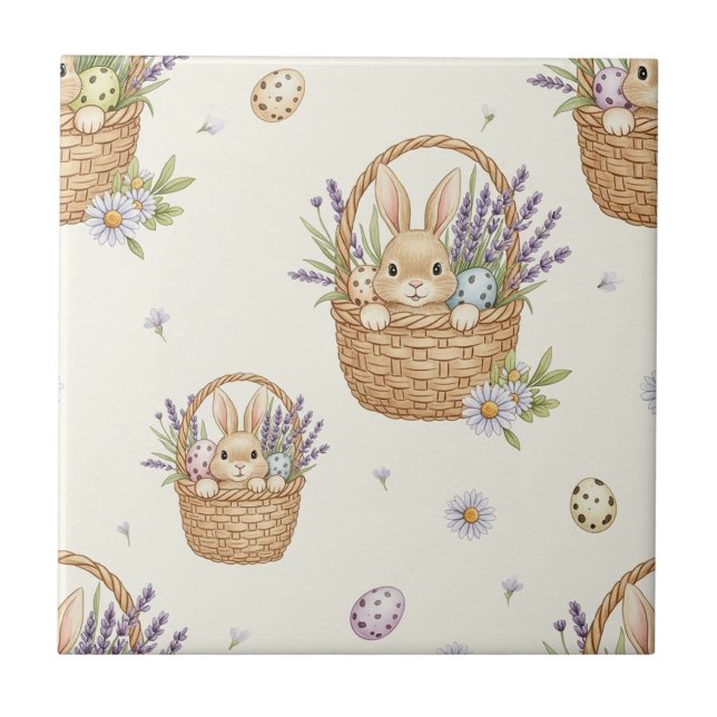 Cute Bunny Egg Basket Pastel Spring Tile (Front)