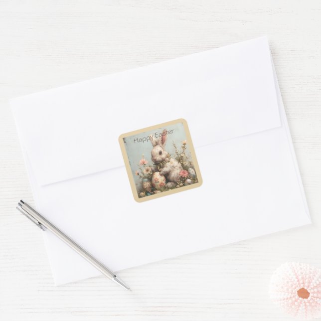 Cute Bunny Eggs Flowers Easter  Square Sticker (Envelope)
