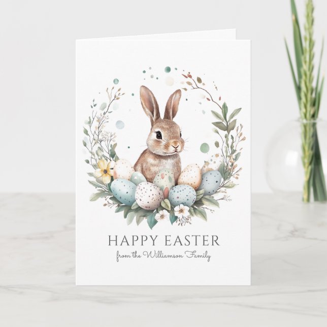 Cute Bunny Eggs Garland Wreath Personalised Easter Card (Front)