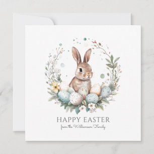 Cute Bunny Eggs Garland Wreath Personalised Easter Card