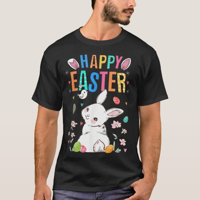 Cute Bunny Eggs Rabbit Floral Happy Easter Day T-Shirt (Front)