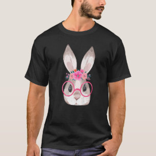 Cute Bunny Face Glasses And Floral Headband Happy  T-Shirt
