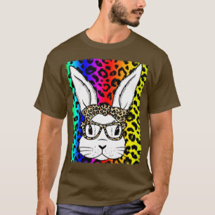Cute Bunny Face Glasses Rainbow Leopard Bleached  T-Shirt