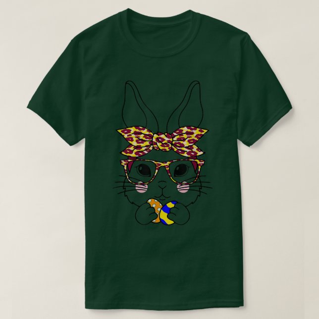 Cute Bunny Face Leopard Glasses Headband Easter Da T-Shirt (Design Front)
