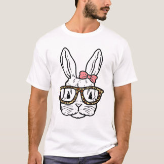 Cute Bunny Face Leopard Print Glasses EASTER Women T-Shirt