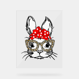 Cute Bunny Face Leopard Print Red Bandanna Rabbit  Acrylic Sign