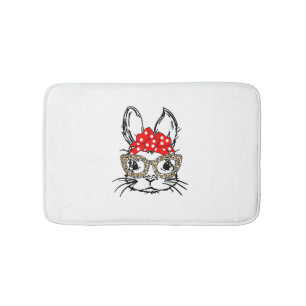 Cute Bunny Face Leopard Print Red Bandanna Rabbit  Bath Mat