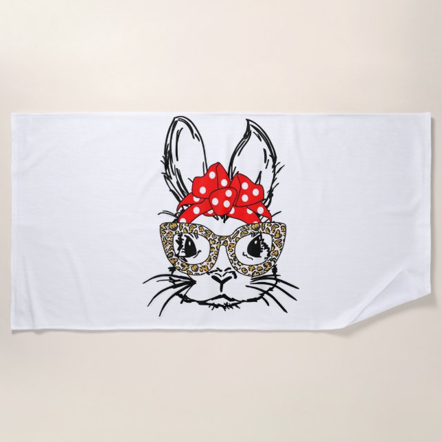 Cute Bunny Face Leopard Print Red Bandanna Rabbit  Beach Towel (Front)