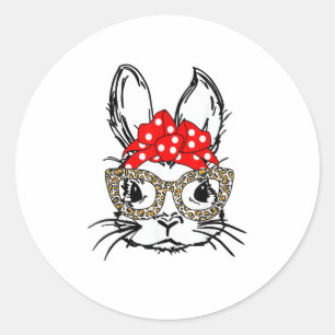 Cute Bunny Face Leopard Print Red Bandanna Rabbit  Classic Round Sticker