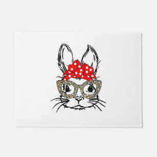 Cute Bunny Face Leopard Print Red Bandanna Rabbit Doormat