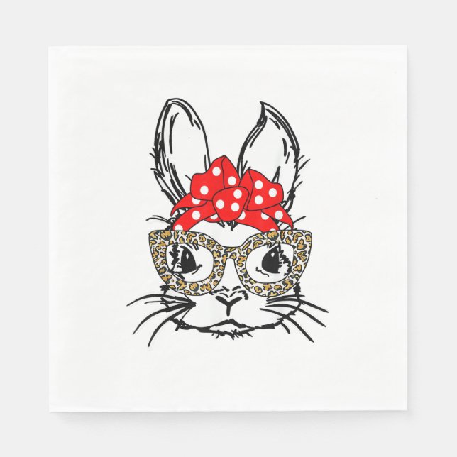 Cute Bunny Face Leopard Print Red Bandanna Rabbit  Napkin (Front)