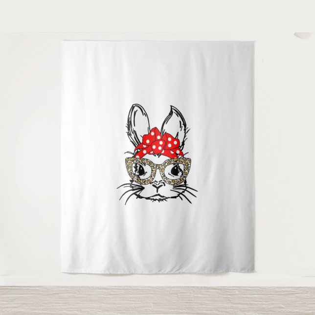 Cute Bunny Face Leopard Print Red Bandanna Rabbit  Tapestry (Front)