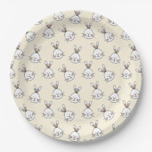 Cute Bunny Face Pattern on Ivory Paper Plate