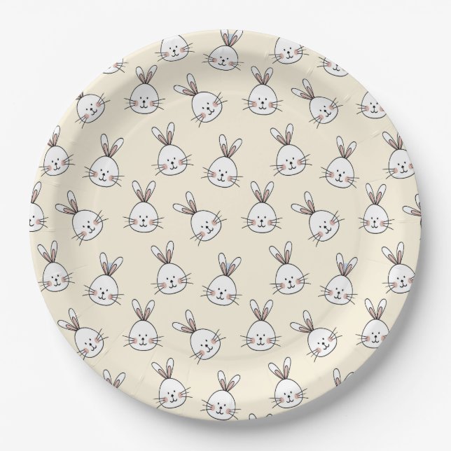 Cute Bunny Face Pattern on Ivory Paper Plate (Front)