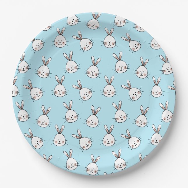 Cute Bunny Face Pattern on Light Blue Paper Plate (Front)