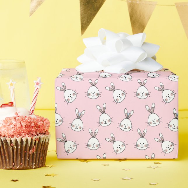Cute bunny face pattern on light pink wrapping paper (Birthday Party)