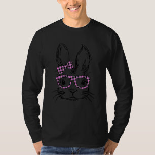 Cute Bunny Face Pink Buffalo Plaid Glasses Happy E T-Shirt