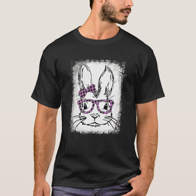 Cute Bunny Face Pink Buffalo Plaid Glasses Happy E T-Shirt (Front)