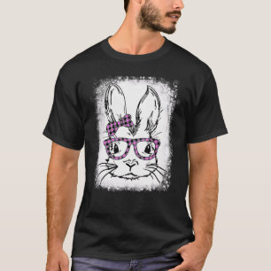 Cute Bunny Face Pink Buffalo Plaid Glasses Happy E T-Shirt