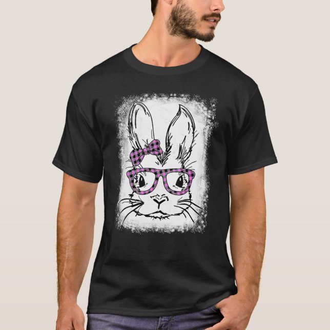 Cute Bunny Face Pink Buffalo Plaid Glasses Happy E T-Shirt (Front)