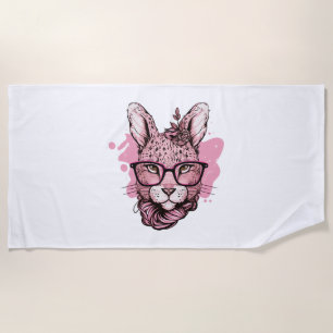 Cute Bunny Face Pink Glasses Floral Leopard Easter Beach Towel