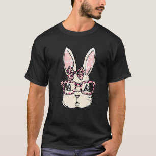 Cute Bunny Face Pink Leopard Glasses Bow Tie Easte T-Shirt