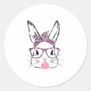 Cute Bunny Face Pink Leopard Glasses Bubblegum Eas Classic Round Sticker