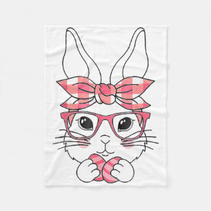Cute Bunny Face Pink Plaid Pattern Gles Happy East Fleece Blanket