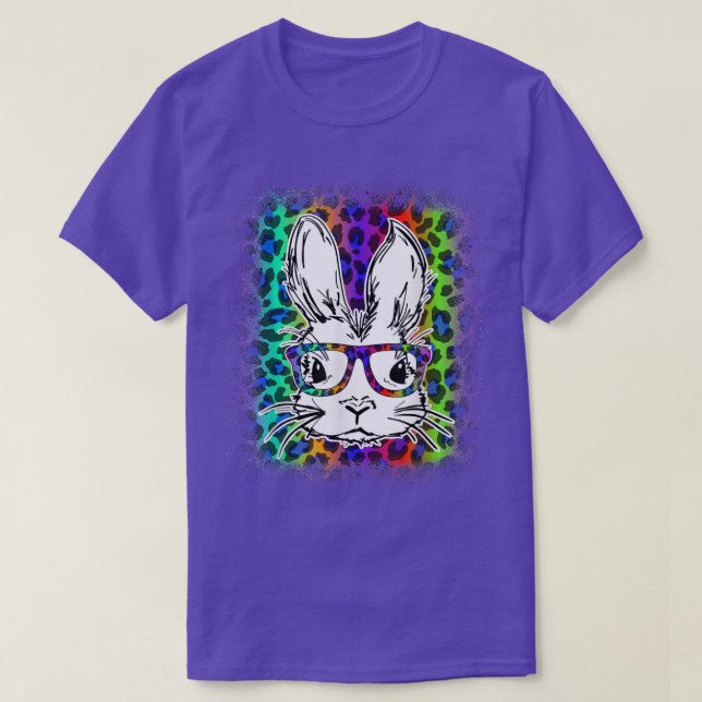 Cute Bunny Face Rainbow Leopard Bleached Happy Eas T-Shirt (Design Front)