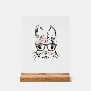 Cute Bunny Face Shirt Leopard Print Glasses EASTER Acrylic Sign