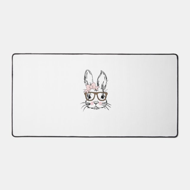Cute Bunny Face Shirt Leopard Print Glasses EASTER Desk Mat (Front)