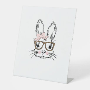 Cute Bunny Face Shirt Leopard Print Glasses EASTER Pedestal Sign