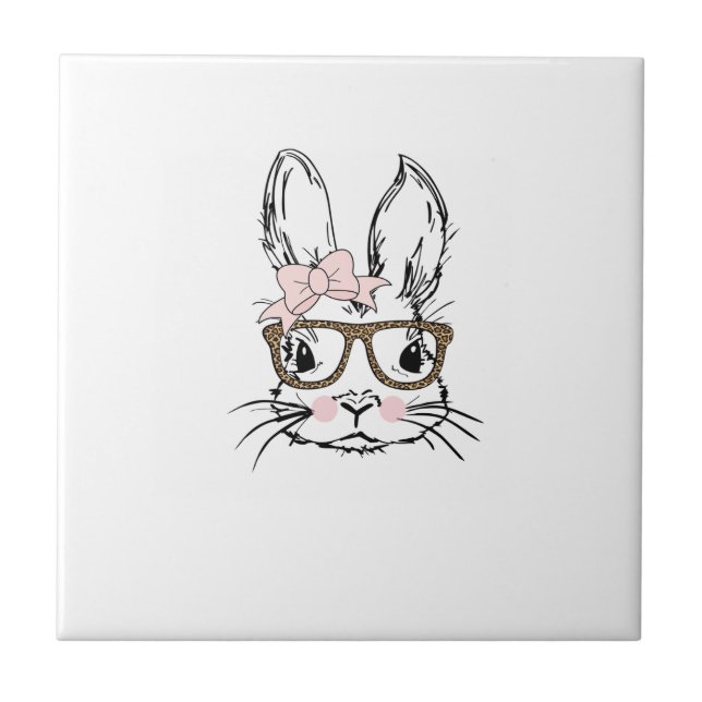 Cute Bunny Face Shirt Leopard Print Glasses EASTER Tile (Front)