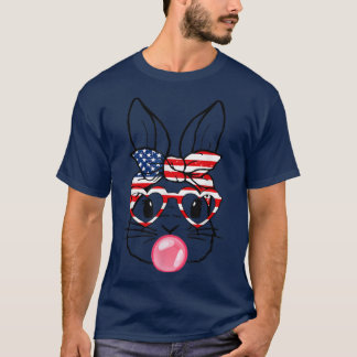 Cute Bunny Face With Bubblegum Bun American Flag 4 T-Shirt