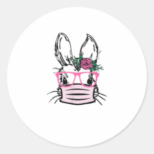 Cute Bunny Face With Face Mask Glasses Rabbit EAST Classic Round Sticker