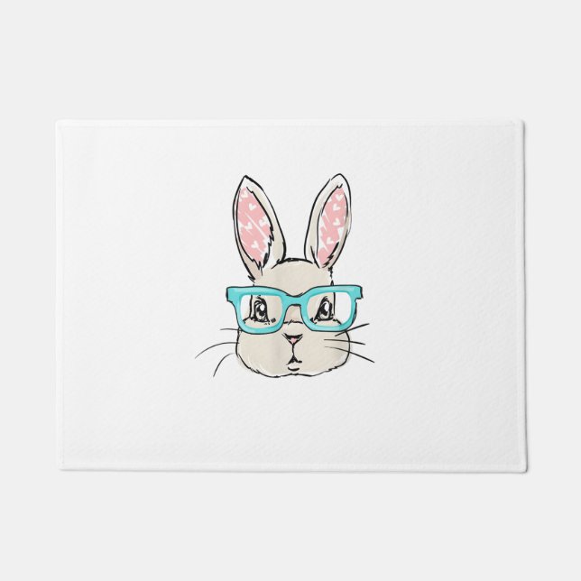 Cute Bunny Face With Pink Glasses, Easter Rabbit F Doormat (Front)