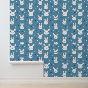 Cute Bunny Faces on Blue Pattern Wallpaper