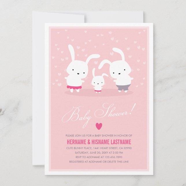 Cute Bunny Family Pink Couples Baby Shower Girl Invitation (Front)