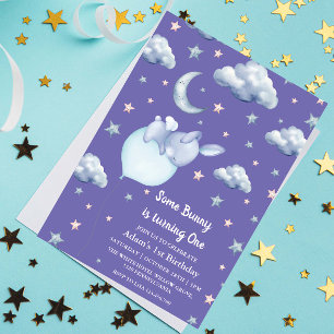 Cute Bunny First 1st Birthday Baby Boy Purple Invitation