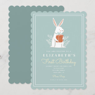 Cute Bunny First Birthday 1st Birthday Turning One Invitation