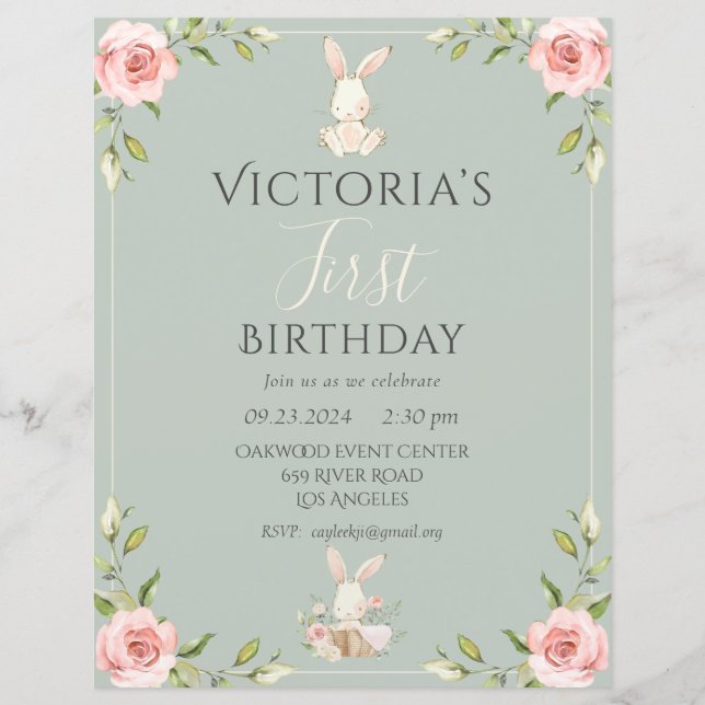Cute Bunny First Birthday Green Budget Invitation (Front)