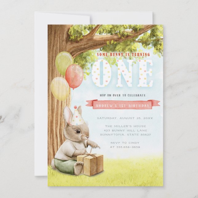 Cute Bunny First Birthday Invitation (Front)