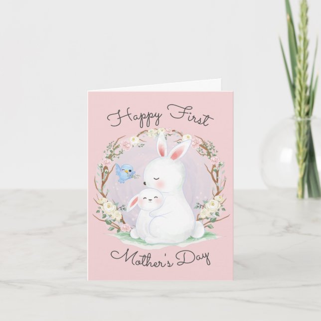 Cute Bunny First Mother's Day Folded Greeting Card (Front)