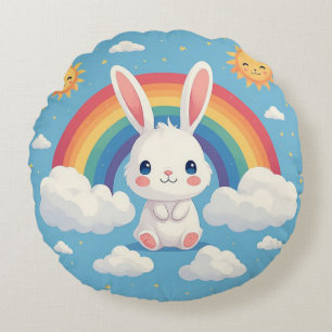 Cute Bunny Floating on Clouds Under a Rainbow Round Cushion