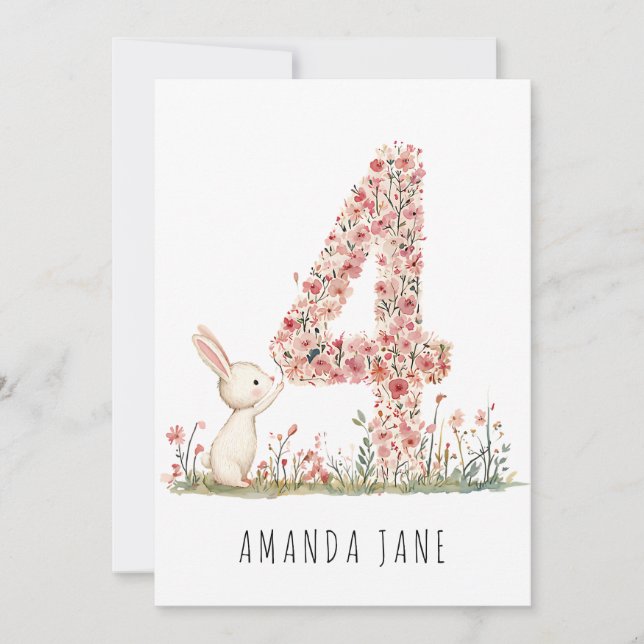 Cute Bunny Floral 4th Birthday Invitation (Front)