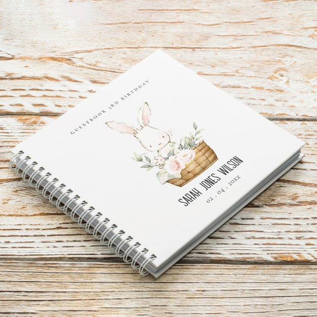 Cute Bunny Floral Basket Kids Birthday Guestbook Notebook (Creator Uploaded)