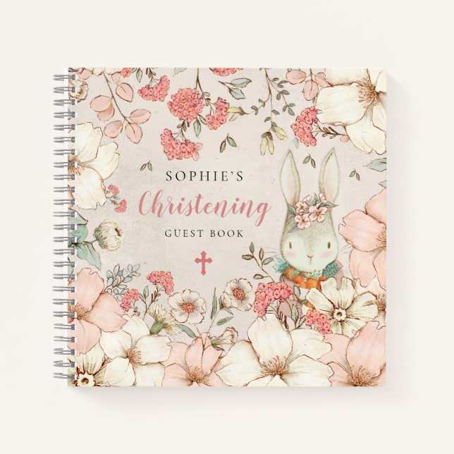 Cute Bunny Floral Christening Alternate Guest Book (Front)