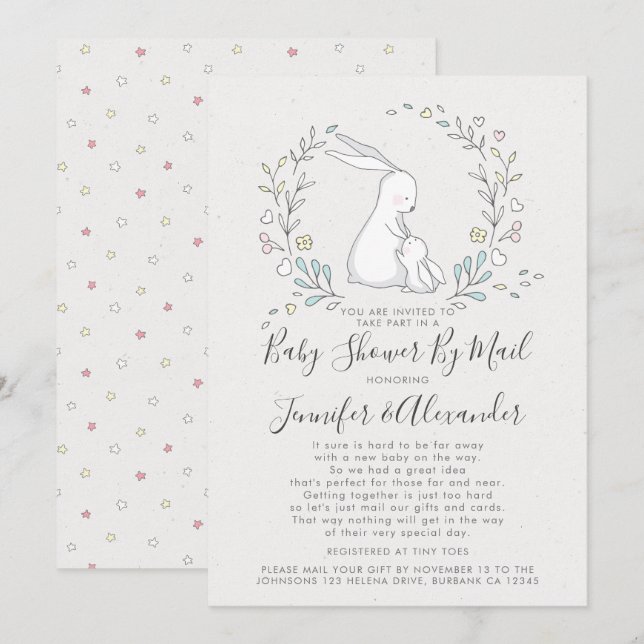 Cute Bunny Floral Couple'e Baby Shower By Mail Invitation (Front/Back)