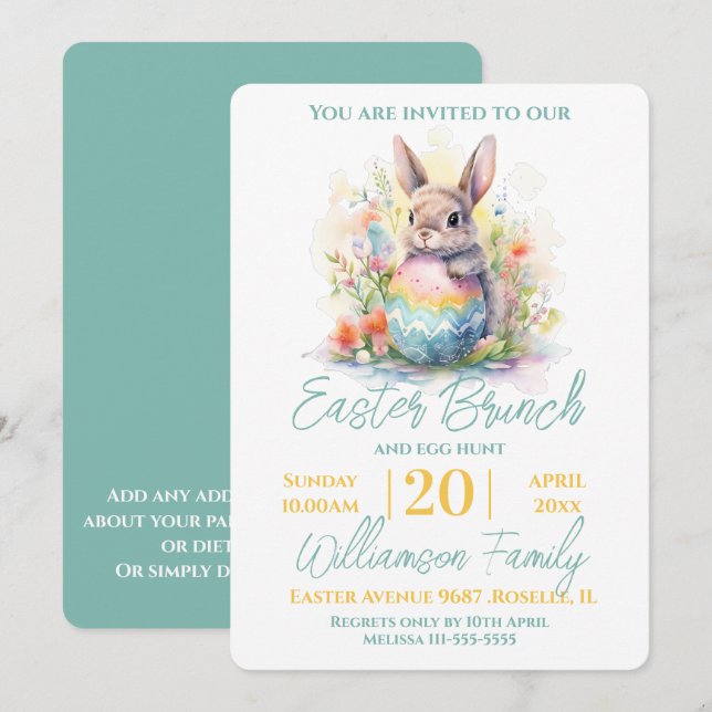 Cute Bunny Floral Easter Brunch  Invitation (Front/Back)